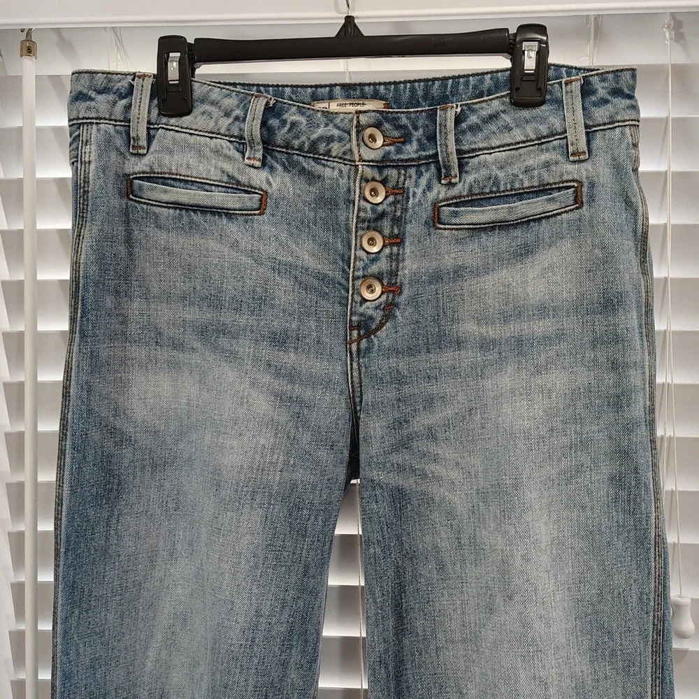 Free People Wide Leg Flare Jeans Womens 29 Blue Button Fly High Rise Boho 70s